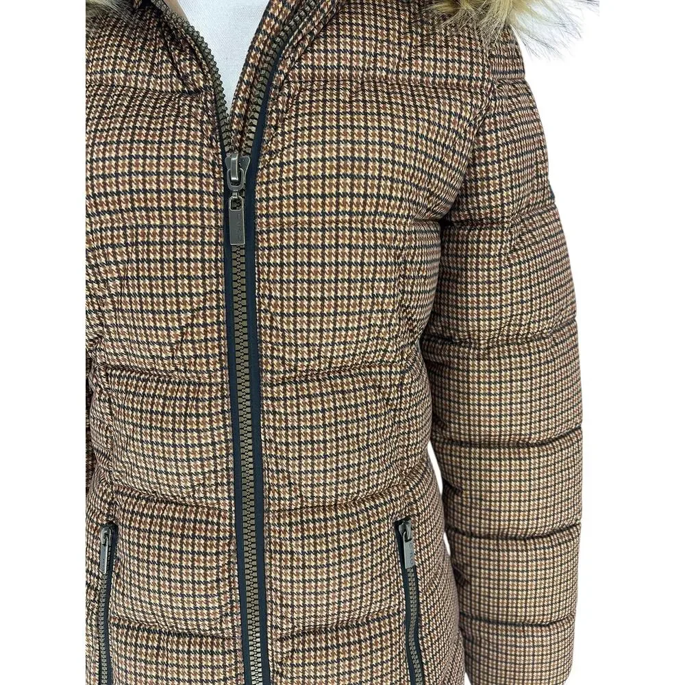 C-RO‎ Denmark Houndstooth 2-Way Stretch Puffer Coat with Faux Fur Hood Size 4